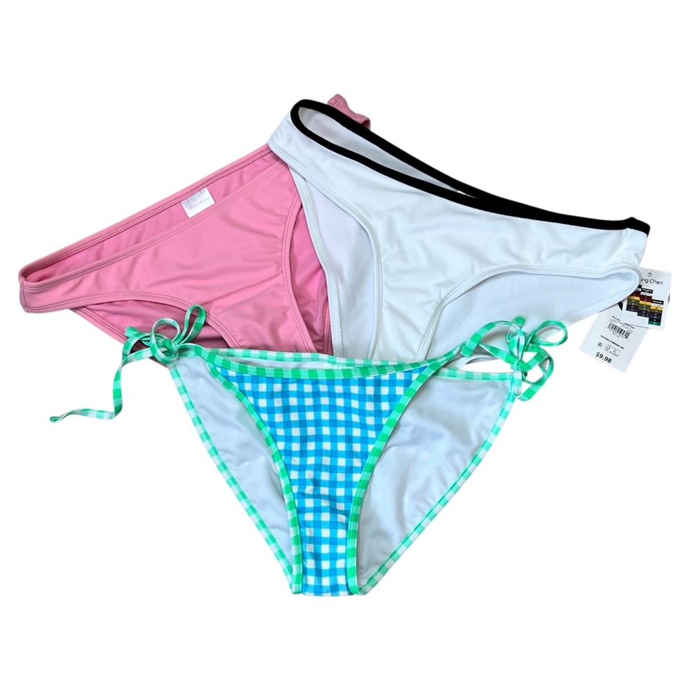 (3) BIKINI/HIPSTER Bottoms M Xhlaration Pink-M No Boundaries Checked White NWT